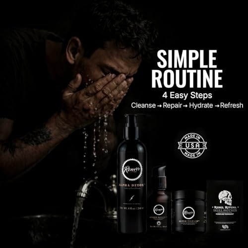 RENVIR Alpha Detox Charcoal Face Wash, Vitamin C Face Serum, Supercharger Face Moisturizer and Skull Under Eye Patches for Men Bundle, Complete Skin Care Set with Hydration, Brightening, Oil Control and Eye