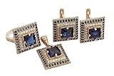 Turkish Handmade Jewelry Small Square Shape Sapphire and Round Cut Topaz 925 Sterling Silver Jewelry Set Earrings,Pendant and Ring Size Option