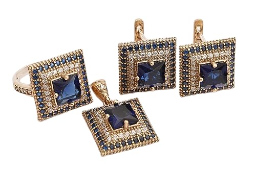 Turkish Handmade Jewelry Small Square Shape Sapphire and Round Cut Topaz 925 Sterling Silver Jewelry Set Earrings,Pendant and Ring Size Option
