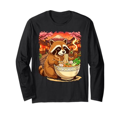 Funny Racoon Eating Ramen Japanese Kawaii Feral Anime Lovers Long Sleeve T-Shirt