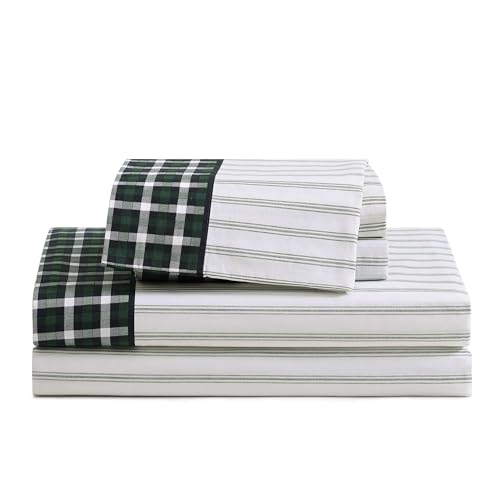 Image of Tommy Hilfiger - Full Size Sheets Set, Crisp & Tailored Cooling Sheets with a Cotton Percale Lightweight Feel - Bed Sheets with Matching Pillowcases & Fitted Sheet (Cass Park Mix Green)