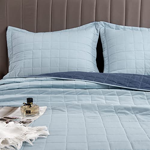 Great Bay Home 2-Piece Box Stitch Reversible Twin Quilt Set With Sham. Chambray/Indigo Bedspread Coverlet Bedding Set. Mylo Collection #TOP5
