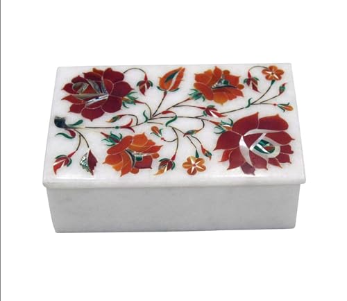 Boîte à bijoux marbre blanc rectangulaire avec pierres incrustées