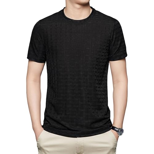 Men's Short Sleeved Casual T-Shirt Round Neck Fashion Breathable Tops Summer Checked Print Jacquard Shirt (Black,3X-Large)