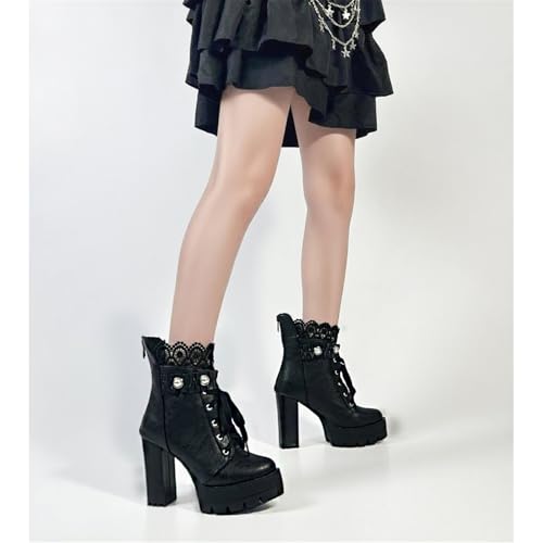 Black High Heel Boots For Women Platform Combat Booties Lace Up Goth Chunky Heeled Ankle Boot with Zipper4
