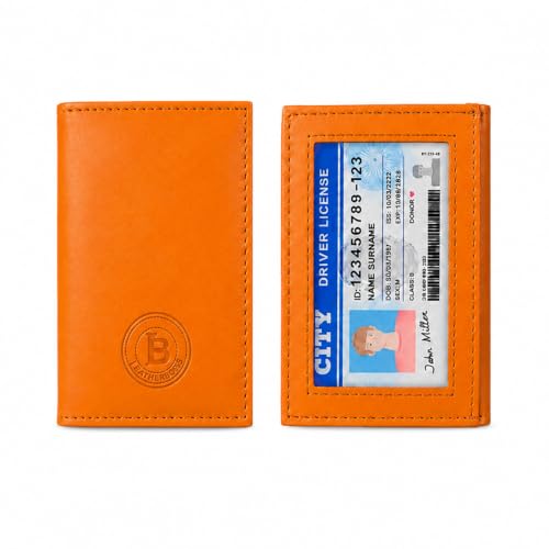 Image of LB LEATHERBOSS Slim Thin Leather Credit Card Triple ID Window Mini Wallet Bifold Driver License Safe (Orange)