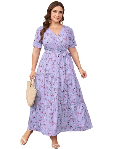 Image of ShopWonder Womens Plus Size V Neck Wrap Maxi Dress High Waist Ruffle Summer Casual Dress with Belt