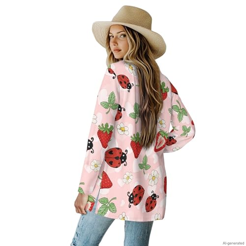 Image of Forchrinse Red Ladybug Cardigan for Women Causal Long Sleeve Open Front Cardigans Sweater Fashion 2024 Fall Coat with Pockets