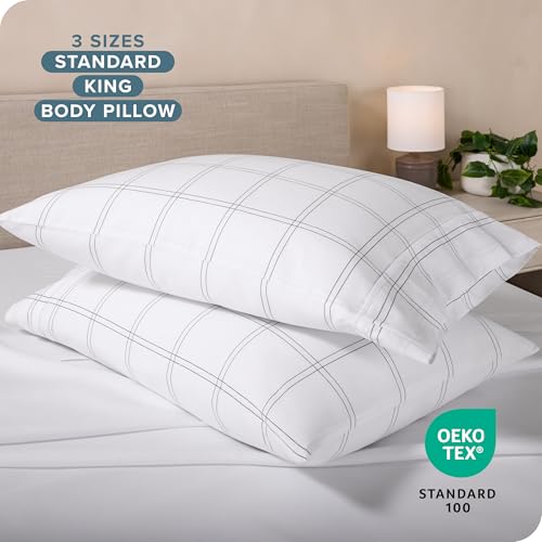 Image of Bare Home Microfiber Pillow Cases - Standard /Queen Size Set of 2 - Cooling Pillowcases - Double Brushed - Pillowcases 2 Pack - Easy Care (Standard, Modern Plaid - White /Grey)