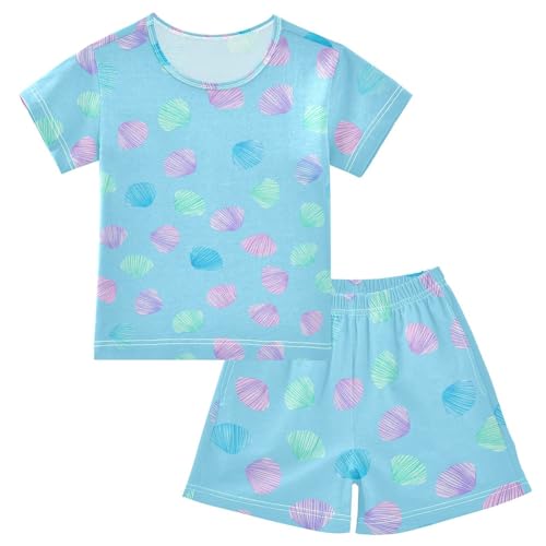 Seashell Blue Pajama Set Short Sleeve PJ Set Cotton Summer Pajamas Sleepwear Soft 5Y