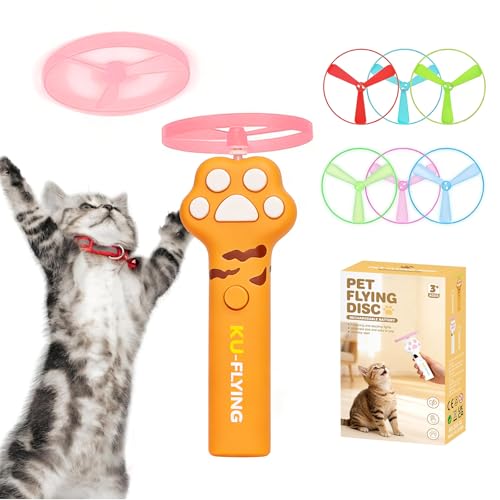 RAIN-MOOSE Cat Fetch Toy Launcher Flying Disc Launcher with Rechargeable & 6 Soft Flying Discs (3 Glow) Easy Use Interactive Toys for Indoor Adult Cats & Kittens for Enrichment
