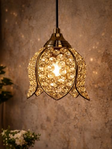 Image of Lotus Crystal Pendant Light Modern Ceiling Fixture, Stylish Home Decor, Warm White, Living Room, Bedroom, Contemporary Design, Decorative Crystal Chandelier (Gold)