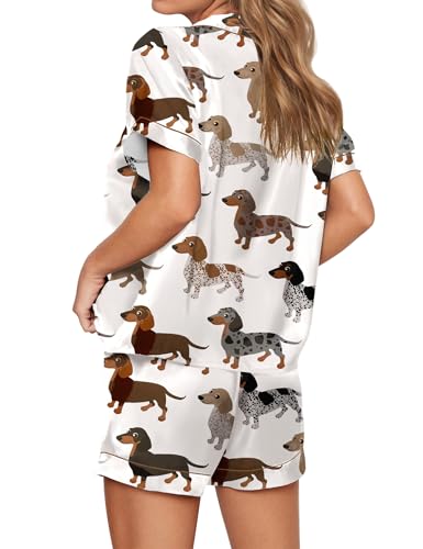 Image of SHESHOW Satin Pajamas for Women Set Preppy Animals Pjs Short Sleeve Shorts 2 Piece Loungewear Sets XS-XXL