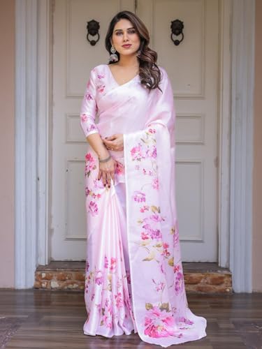 Image of ALMAARI FASHION Women's Floral Printed Georgette Satin Saree with Unstitched Blouse Piece | Traditional Ethnic Wear Sarees | Soft Lightweight Ethnic Office Wear Daily Wear Indian Sari (SG 181-190 F)