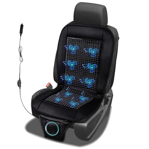 Beaded Cooling Car Seat Cover Massage Cushion Beaded Seat Cover Black Wooden Beads with 12V Car Seat Cooling Pad Adjustable Temperature Breathable Sweat Protector Cooling Car Seat Covers for Summer