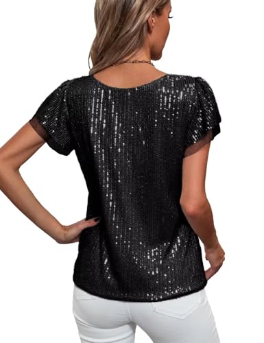 Traleubie Women's Sequin Tops Ruffle Sleeves Glitter Dressy Blouses Round Neck Sparkly Tops for Party, Evening, Cocktail4