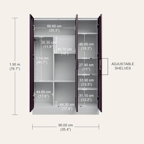 Image of Interio by Godrej Slimline 3 Door Steel Almirah (Royal Ivory and Textured Shellwine Red) + 1 Year Warranty, Locker, 7 Shelves