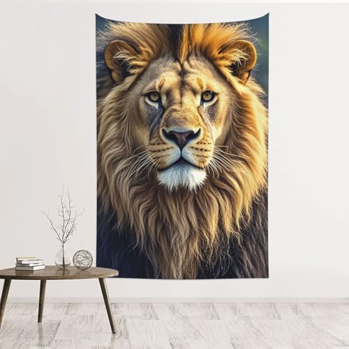 Tapisserie murale lion en velours de peche premium, tenture decorative haut de gamme
