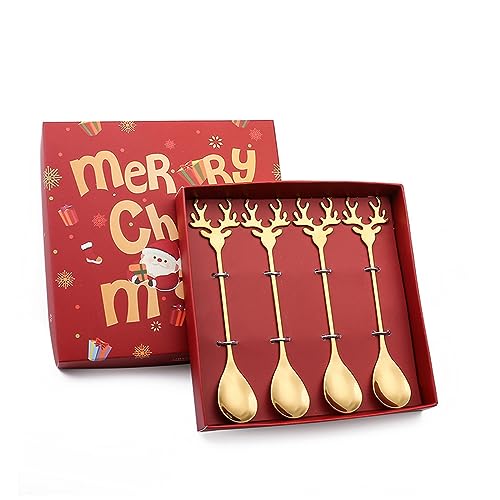Stainless Steel Christmas Tree Tea Spoon Set - 4pc Elk, Xmas & Holiday Party Supply, Coffee & Dessert Spoon, Stirrer & Ice Cream Scoop