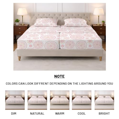 Image of SGI Split King Sheet Set for Adjustable Bed Egyptian Premium Cotton 600 Thread Count Sheets for Sleep Number Bed 15 inch Deep Pocket 5 Pc Set with 2 Twin XL Fitted Sheets Soft Breathable - Boho Mandala