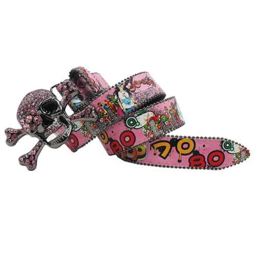 Graffiti Pattern Western Belt for Women Men, Shining Skull Head Rhinestones Studded Wide Buckle Punk Waist Strap(115cm/45, Pink)3