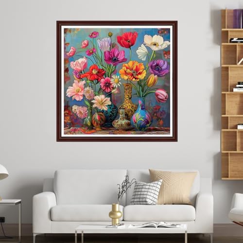 Image of Dooxvey Counted Cross Stitch Kits for Adults 11CT Printed Cross-Stitch Patterns Cross Stitching Embroidery Kit Stamped or Counted Needlepoint Kits-Colorful Flower vase 18x18 inch
