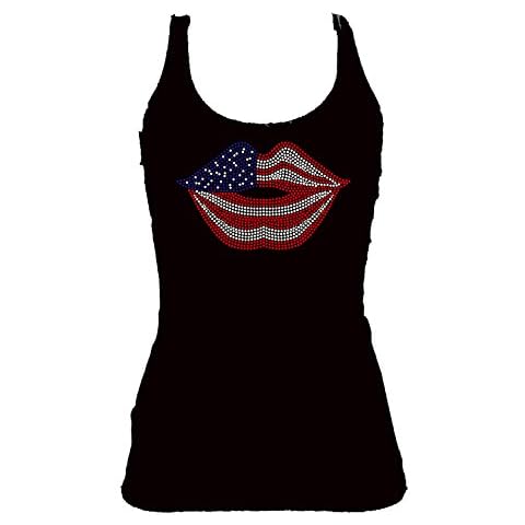 Rockeroo Boutique Lips Flag Rhinestone July 4th Veterans Day Womens Tank Top Tee Shirt (L) Cover