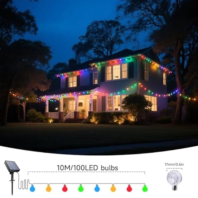 Solar String Lights Outdoor, 33FT 100 LED 0.67inch Solar Globe String Lights with 8 Modes, Waterproof Solar Powered Patio Lights, Crystall Ball Lights Solar Lights for Garden, Party Decor(Multicolor)