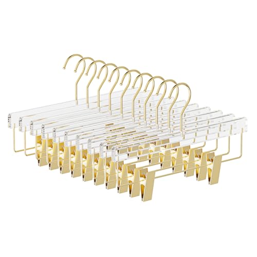UEAKPIC 10 Pack Gold Acrylic Hangers, Clear Pants Hangers with Adjustable Non-Slip Clips for Coat, Skirts, Adults & Kids, Clothing Closet Storage
