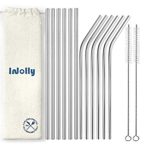 InJolly 12 Pailles Acier Inoxydable 6 mm, Pailles Métal Réutilisables, Pailles Cocktail (6 Droites + 6 Courbées) avec 2 Brosses Nettoyage, Paille Inox Pour Jus, Café, Milkshakes, Thé