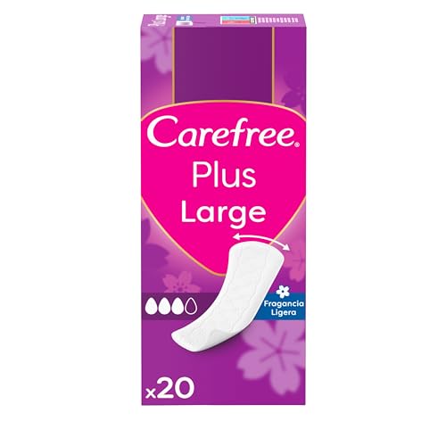 Carefree Plus Large de Fragancia Ligera Protegeslips (20 unidades), protege slips absorbentes y transpirables de uso diario, protege slips extra largos con protección contra el mal olor