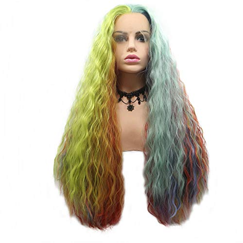Drag Queen Wigs Mermaid Rainbow Color Yellow Blue Green Orange Purple Lace Front Wig Long Curly Wave Synthetic Hair Female Women Travel Cosplay Holidays Festival Glueless Wig Natural Hairline 26"