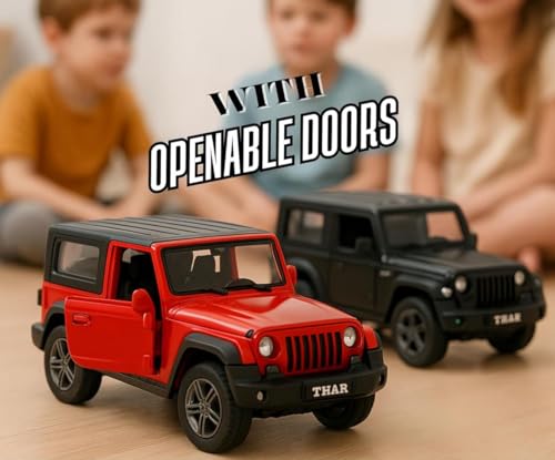 Image of 1:32 Scale DieCast Metal Pull-Back Action Openable Doors 4x4 Thar /Jeep Premium Car Toy with Lights and Music for Kids Realistic Miniature Model Gift 2+yrs Girls Boys (Red Thar /Jeep)