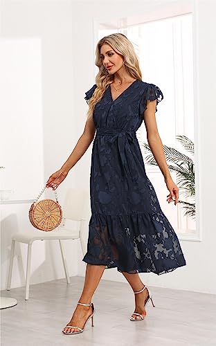 Image of VintageClothing Womens Sundress Casual Floral Summer Boho Dress | Flowy Wrap V Neck Ruffle A-Line Pleated Hem Midi Dresses
