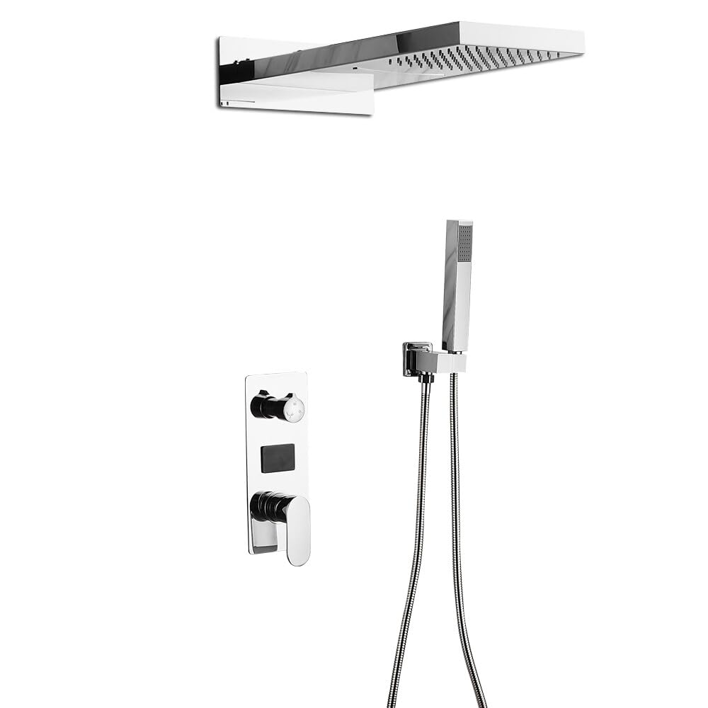 Sistema de ducha empotrado con ducha de mano, juego de grifo de ducha con termostato LED, alcachofa de ducha, panel de ducha de efecto lluvia, masaje, cascada, plata, grifo de pared, de acero