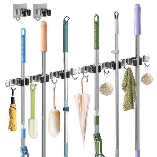 3-H Besenhalterung Wand 2 Stück mit 2 Besenhalter,2-in-1 Dual Montage(Stabile Schraubmontage oder wandschonend selbstklebend),Edelstahl Gerätehalter für Garten Garage Keller(3 Halter & 4 Haken,Silber)