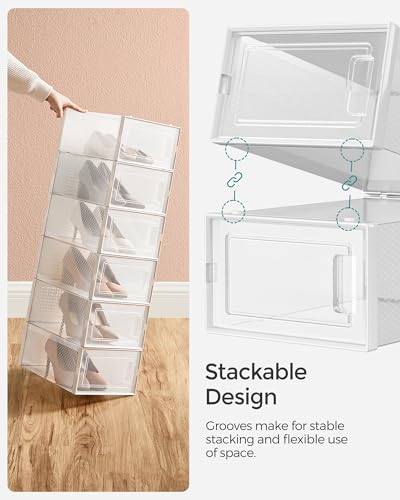 Image of SONGMICS Shoe Boxes, Pack of 24 Shoe Storage Organizers, Stackable Clear Plastic Boxes for Closet, Sneakers, 13.1 x 9.1 x 5.6 Inches, Transparent and White ULSP906W12