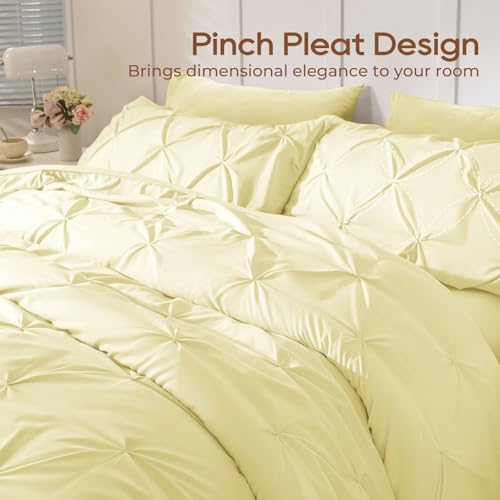 Image of Sasttie Queen Comforter Set, 7-Piece Bed in a Bag, Pintuck Bedding Sets for All Season, Includes Comforter, Flat Sheet, Fitted Sheet, Pillowcases and Pillowshams, Cream Yellow