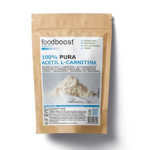 foodboost, Acetil L - Carnitina pura in polvere 200g senza additivi - con dosatore - per dimagrimento, bruciagrassi marchio di fiducia italiano, pre workout - 100 DOSI