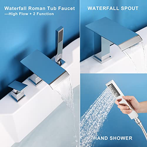 Niitawh Roman Tub Faucet With Hand Shower Waterfall Bathtub Faucet 3 Hole Widespread Tub Filler Deck Mount Chrome Solid Brass High Flow #TOP2