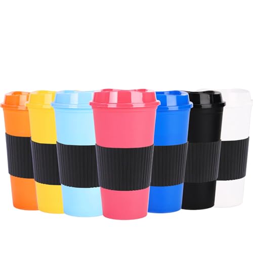 Yisituo Reusable Coffee Cup, 16oz Plastic Tumblers Cup with Lid and Sleeve, Perfect for Hot & Cold Beverages, Travel Mug, Iced Coffee, Smoothies, Microwaveable, 7 Pack (7, Colour)