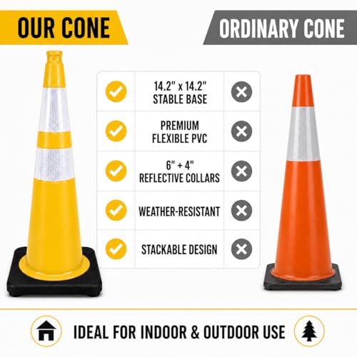 Image of BESEA 8 Pack 36 Inch Yellow Traffic Cones with Wide Weighted Base