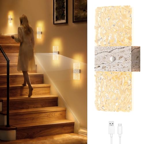 Flarouch Motion Sensor Light Indoor, 2600 mAh Rechargeable Battery Operated Wall Sconce, 0-80LM Dimmable, 3 Colors, Always-On and Dusk to Dawn Motion Mode, Wireless Led Night Light, Marble Color