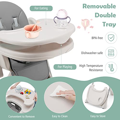 Baby Joy Convertible High Chair For Babies & Toddlers, Foldable Highchair With Adjustable Backrest/Footrest/Seat Height, Double Removable Tray, Detachable Pu Cushion, Built-In Front Wheels (Gray) #TOP2