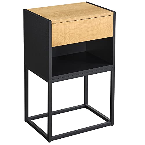 SEGENN Nachttisch Schwarz, Nachttisch mit Schublade, Beistelltisch mit Ablage, Couchtisch, Holz Metal Cover