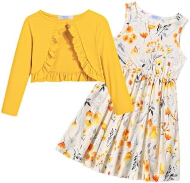 Arshiner Mädchen Kleid mit Strickjacke Set für 5-14 Jahre | Baumwolle, Drucken, Swing, Freizeit, Elegante, Bequem, Weich, Ärmelloses Kleid mit Langarm Ruffle Mantel