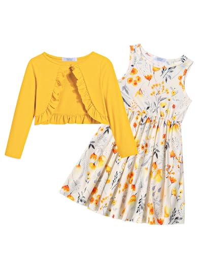 Arshiner Girls Dress with Cardigan Sets Cotton 2Pcs Print Casual Swing Dresses Sleeveless Dress with Long Sleeve Ruffle Coat for Kids 9-10 Years