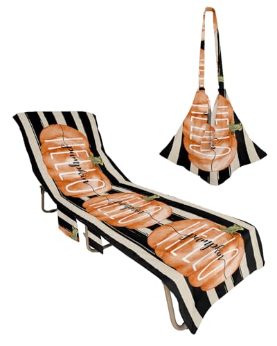 Hello Pumpkins Beach Lounge Chair Towel Cover, Soft Chaise Lounge Towel with Side Pockets Patio Pool Chairs Cover for Beach/Pool Sunbathing 29x85 Thanksgiving Fall Pumpkin Black White Striped