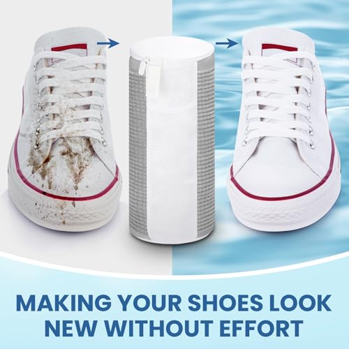 2 Pcs Shoe Washing Machine Bag, Laundry Shoe Bag for Washer and Dryer, Reusable Zipper Shoe Mesh Cleaning Bag Fluffy Fiber Inside, with Insole and Shoe Lace Pocket (Grey)2