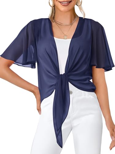 MEROKEETY Women's Summer Lightweight Sheer Shrugs Tie Front Chiffon Cardigan Cover Up Shawls for Evening Dresses